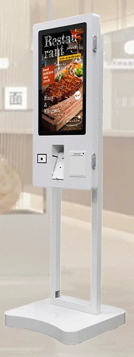 White freestanding ordering kiosk with a side-hinged portrait head, scanner and printer module, on a pole frame over a curved base
