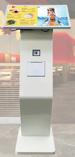 White and silver lectern-style freestanding ordering kiosk with a landscape touchscreen, scanner window and printer slot in the column