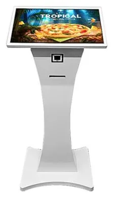 White lectern-style freestanding ordering kiosk with a landscape touchscreen, scanner and printer slot in the column, over a curved base