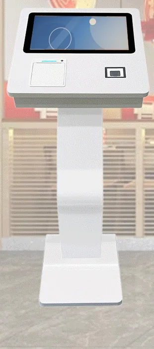 White podium-style freestanding ordering kiosk with a landscape touchscreen, printer and scanner on the sloping deck