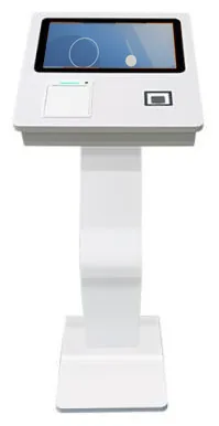 White podium-style freestanding ordering kiosk with a landscape touchscreen, printer and scanner on the deck, over a K-shaped base