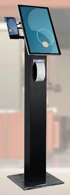 Black slim single-pole freestanding ordering kiosk with a tilted portrait touchscreen, printer on the pole and an arm-mounted card terminal