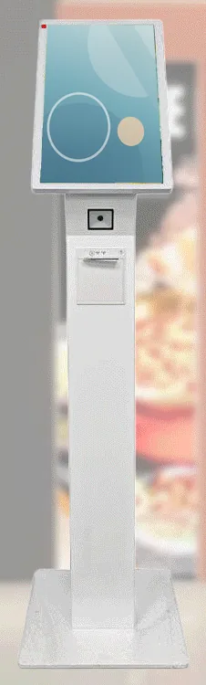 White slim single-pole freestanding ordering kiosk with a tilting portrait touchscreen, scanner and printer on the pole and a flat base