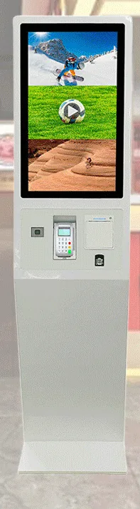 White freestanding ordering kiosk with a portrait touchscreen, card terminal, scanner and printer mounted on the front panel