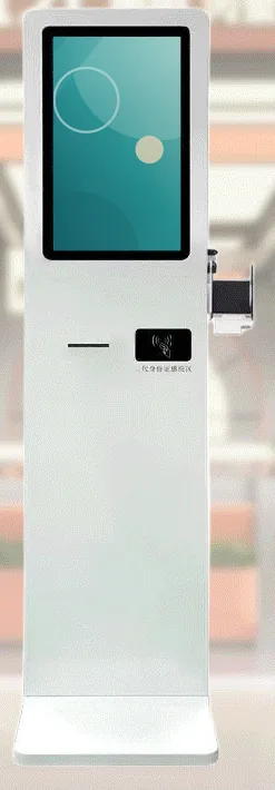 White full-height slab freestanding ordering kiosk with a portrait touchscreen, card reader panel and a side card terminal bracket