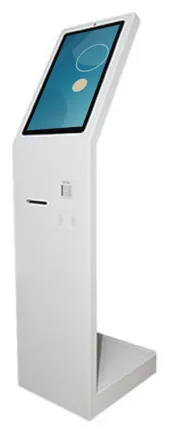 White freestanding ordering kiosk tower with a slanted portrait touchscreen, card reader and printer slot, seen from the front quarter