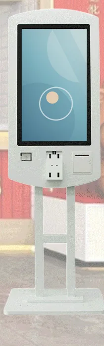 White freestanding ordering kiosk with a rounded portrait head, scanner and printer beneath the screen, on twin poles over a flat base