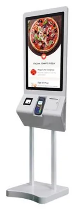 White freestanding ordering kiosk with a rounded portrait head, scanner, card terminal and printer beneath the screen, on twin poles over a flat base