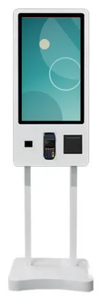 White freestanding ordering kiosk with a portrait touchscreen, scanner, card terminal and printer in the module below, on twin poles over a contoured base
