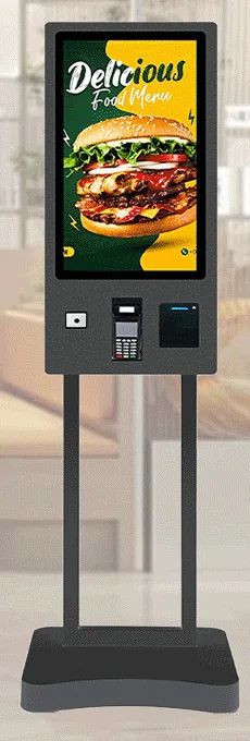 Black freestanding ordering kiosk with a rectangular portrait head, scanner, card terminal and printer, on twin poles over a curved base