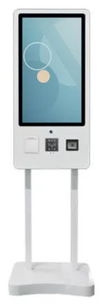 White freestanding ordering kiosk with a rectangular portrait head, printer, card reader and scanner beneath the screen, on twin poles over a contoured base