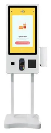 White freestanding ordering kiosk with a portrait touchscreen, side-mounted panel, scanner, card terminal and printer, on twin poles over a contoured base