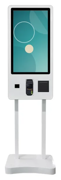 White freestanding ordering kiosk with a portrait touchscreen, card terminal and printer module below it, on twin poles over a contoured base