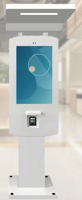 White outdoor freestanding payment kiosk with a flat canopy over the portrait touchscreen and a front card terminal, on a pedestal with bolt-down base
