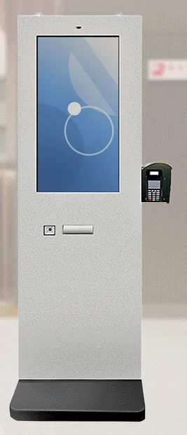 Grey outdoor freestanding payment kiosk with a portrait touchscreen, scanner and printer, side card terminal bracket and a dark base
