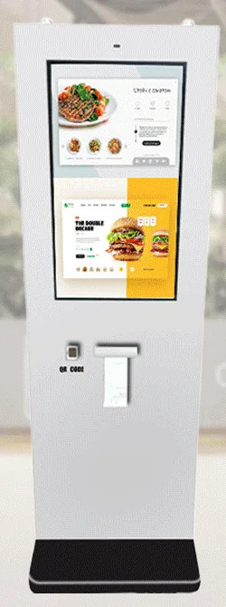 White outdoor freestanding payment kiosk in a tall slab enclosure with a portrait touchscreen, scanner and printer above a dark base