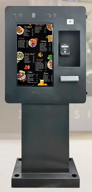 Black outdoor freestanding payment kiosk with a wide head, portrait touchscreen and card terminal recess, on a pedestal with a bolt-down base