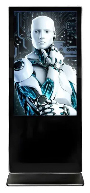 Black freestanding AI interaction kiosk seen from the front, with a portrait touchscreen in a slim frame over a flat base