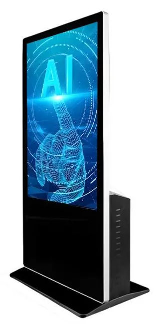 Black freestanding AI interaction kiosk seen from the rear quarter, showing the portrait touchscreen and the ventilated PC housing on the back