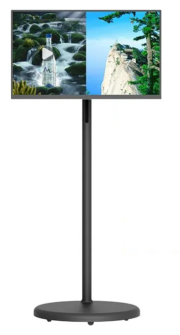 Black portable battery-powered touchscreen display rotated to landscape on a slim pole with a round base