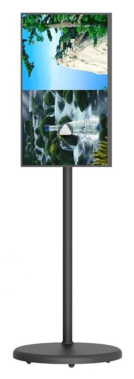 Black portable battery-powered touchscreen display in portrait orientation on a slim pole with a round base