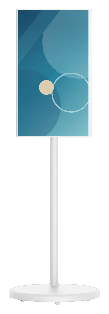 White portable battery-powered touchscreen display in portrait orientation on a slim pole with a round weighted base