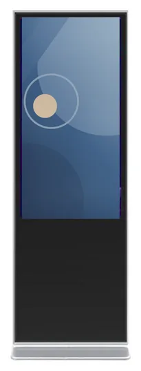 Black freestanding all-in-one touchscreen kiosk with a portrait screen in a slim frame over a flat base