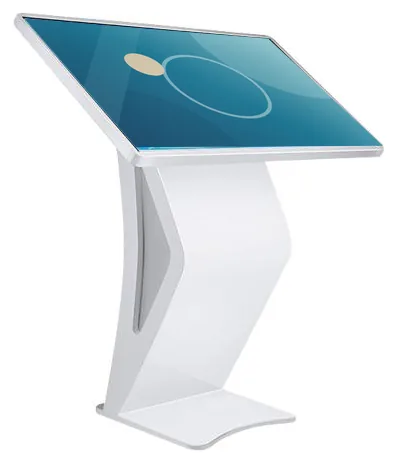 White freestanding all-in-one information kiosk with a large angled landscape touchscreen on a curved K-shaped pedestal