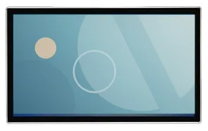 Wall-mounted all-in-one touchscreen display in a slim black frame with a landscape screen