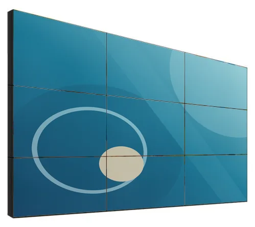 Three-by-three LCD video wall of narrow-bezel panels seen at an angle, showing one continuous picture across the nine screens